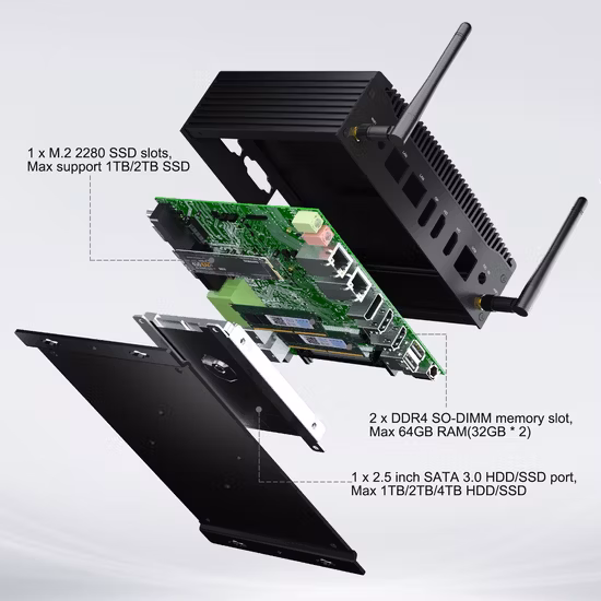 Ordinateur PC industriel, mini PC sans fil Dual LAN avec Intel Gemini Lake-R Series intégré, 4 Gigabit LAN pour routeur, 1 * SATA3.0, 1 * HDMI2.0, 2 * USB3.0